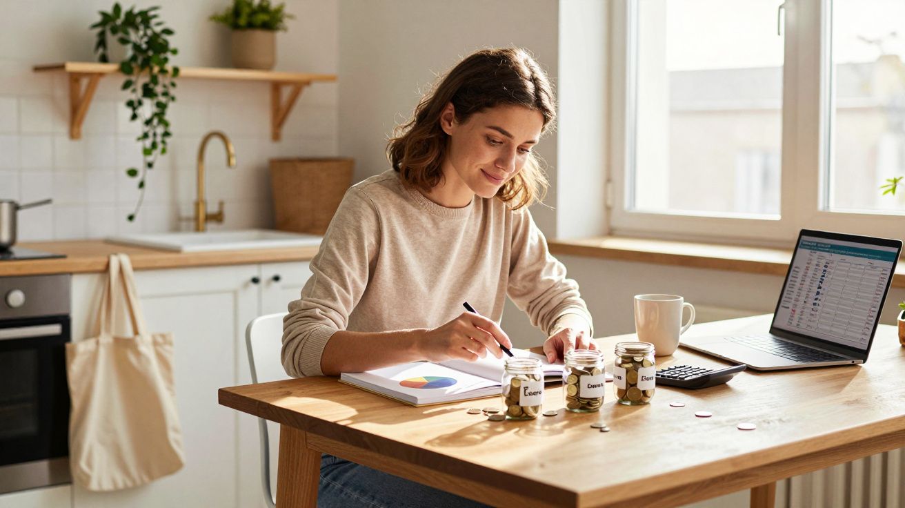 Mulher a organizar finanças em jars rotulados na cozinha com computador, calculadora e documentos na mesa.