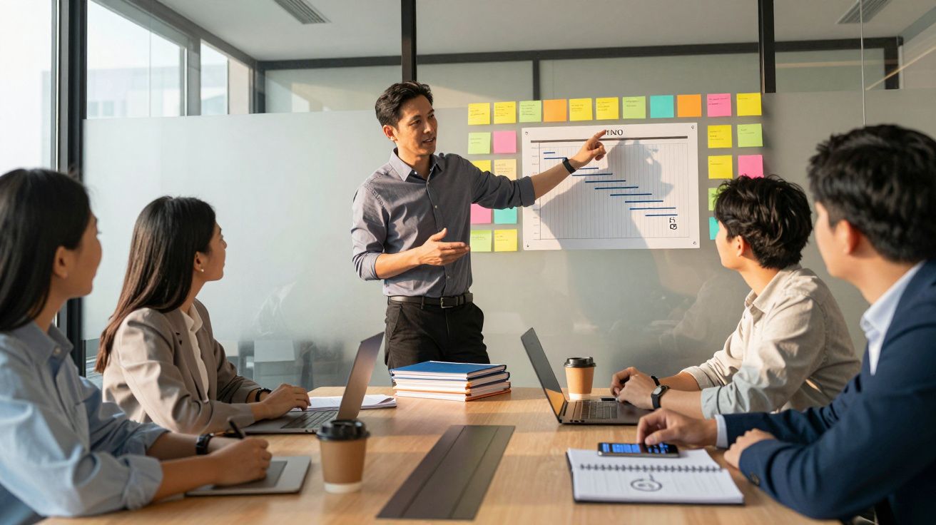 Reunião de trabalho com cinco pessoas, uma apresenta gráfico de barras numa sala de escritório moderna.