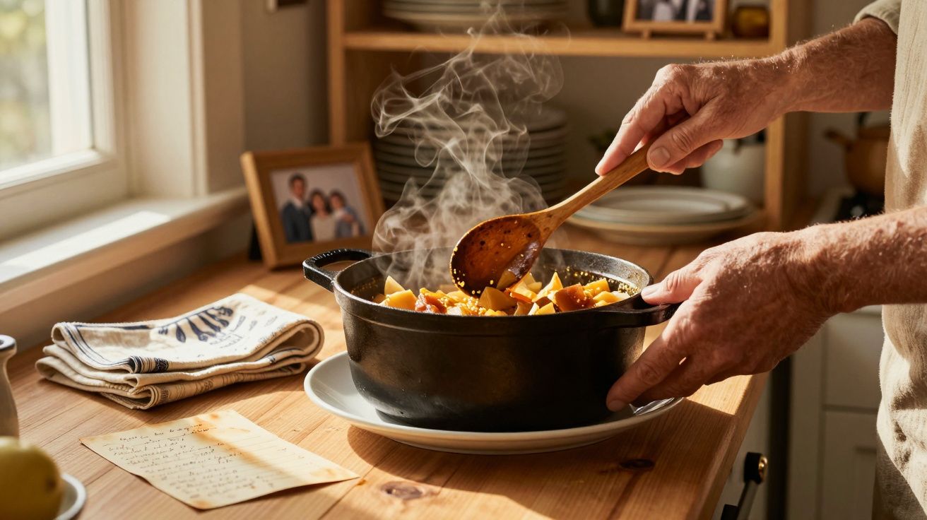 Mãos a mexer uma sopa quente com legumes num tacho preto numa cozinha iluminada por luz natural.