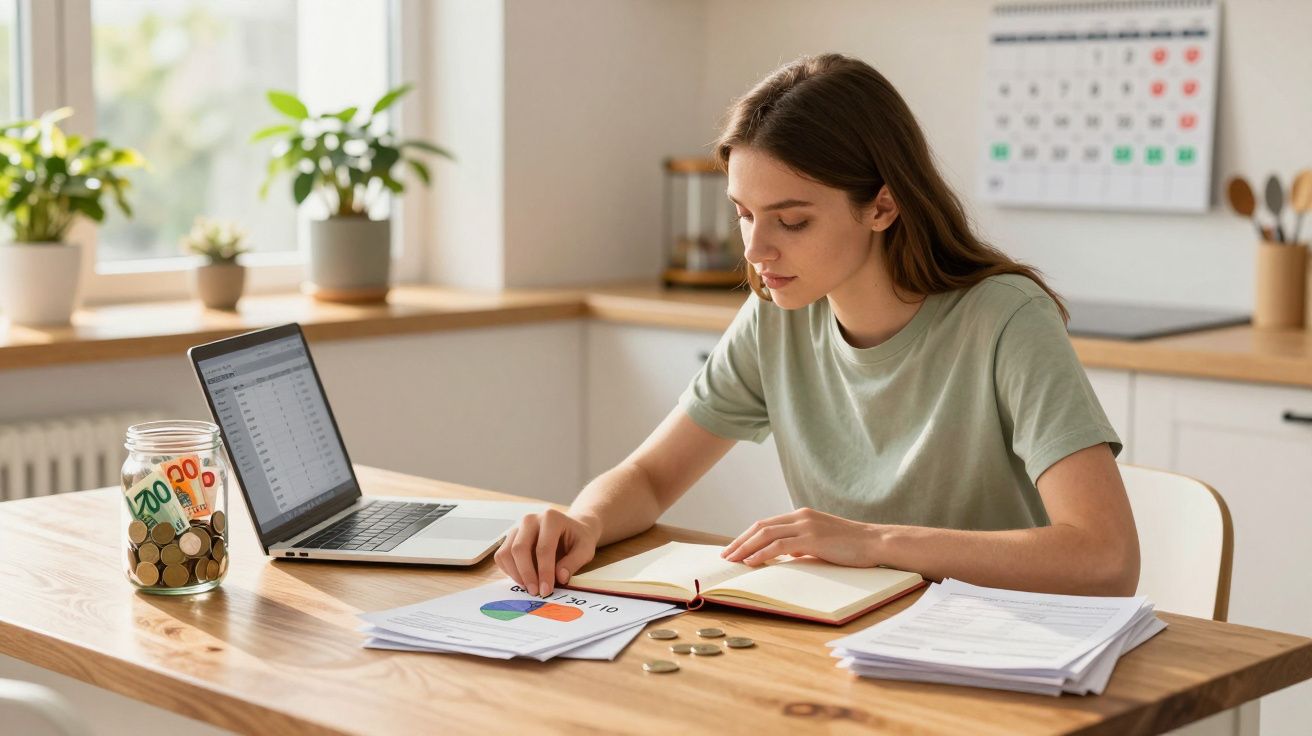 Mulher jovem a analisar gráficos e a fazer contas numa mesa com computador e jarro de moedas.