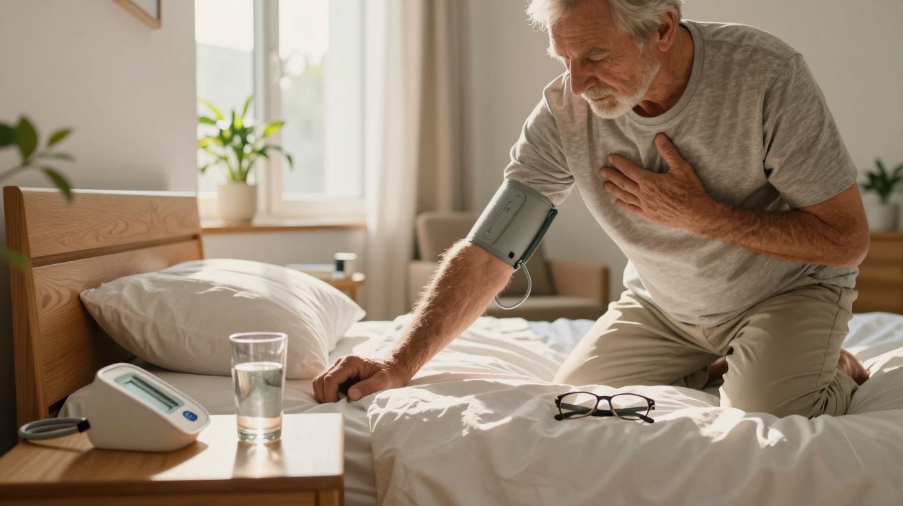 Homem idoso com medidor de pressão no braço ajoelhado na cama, segurando o peito em sinal de dor.