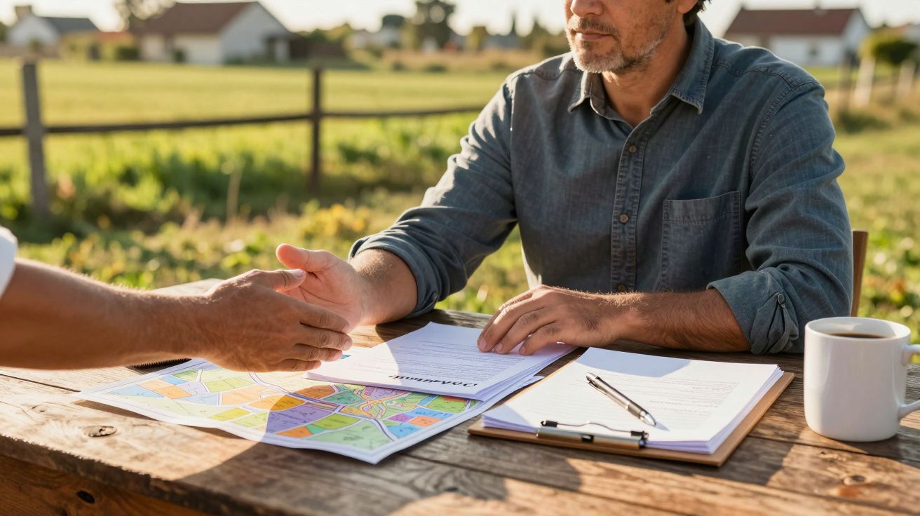 Dois homens apertam as mãos sobre uma mesa de madeira com documentos e mapas ao ar livre.
