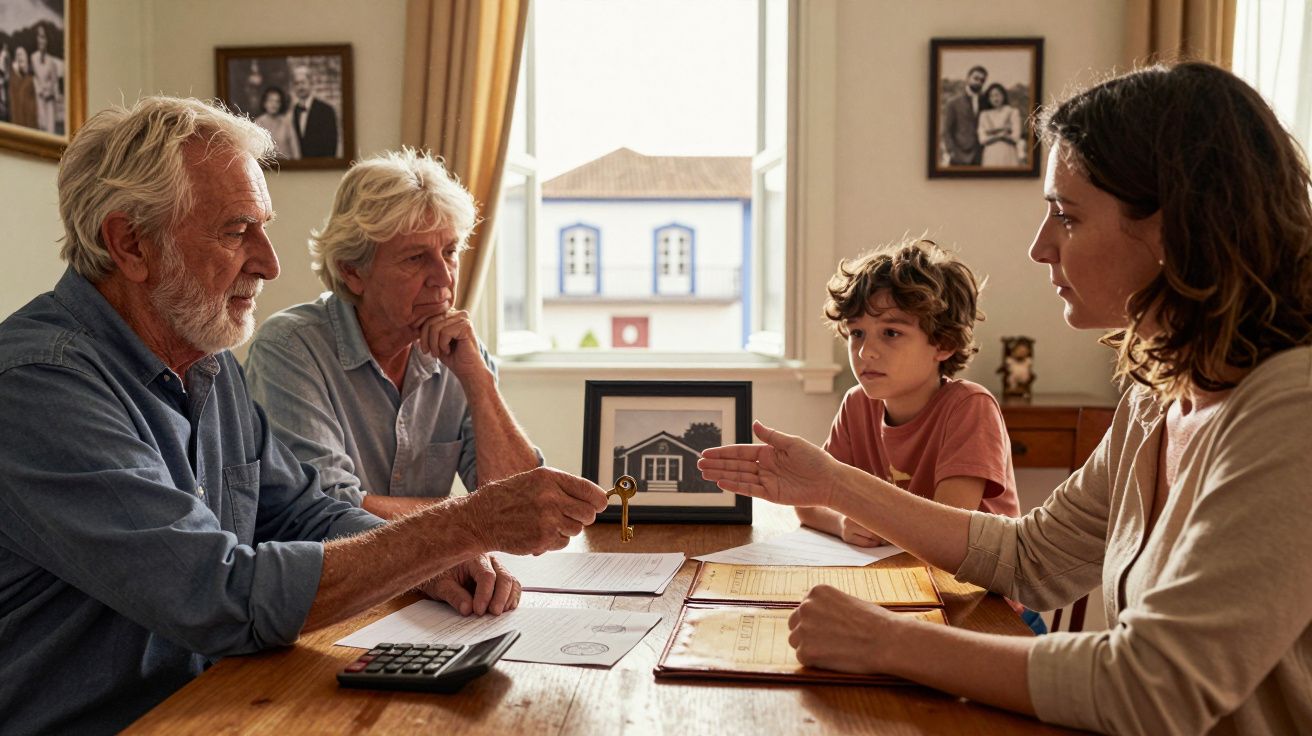 Avós a entregar chave de casa à filha e neto durante reunião familiar à mesa com documentos.
