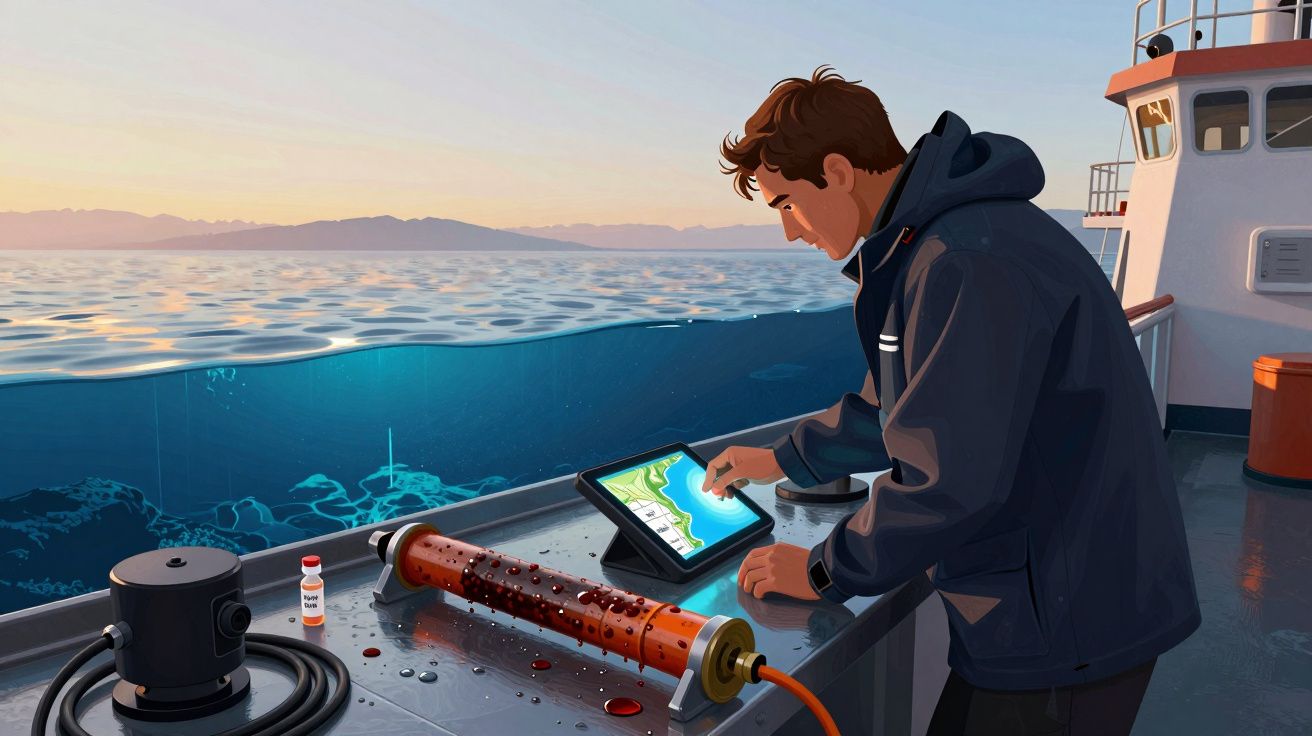 Homem num barco a analisar dados num tablet, com equipamento científico e o mar ao fundo ao pôr do sol.