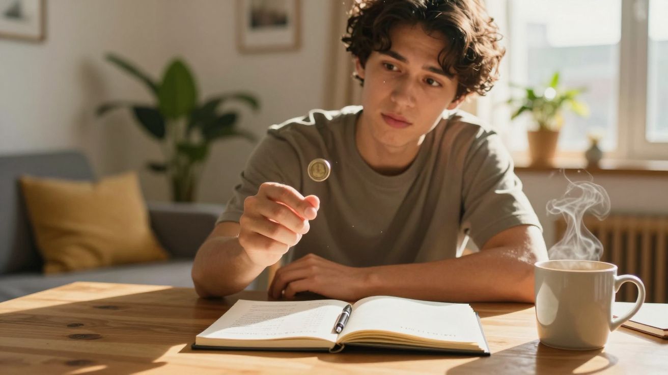 Jovem sentado à mesa a estudar, lançando uma moeda ao ar, com uma chávena fumegante ao lado.