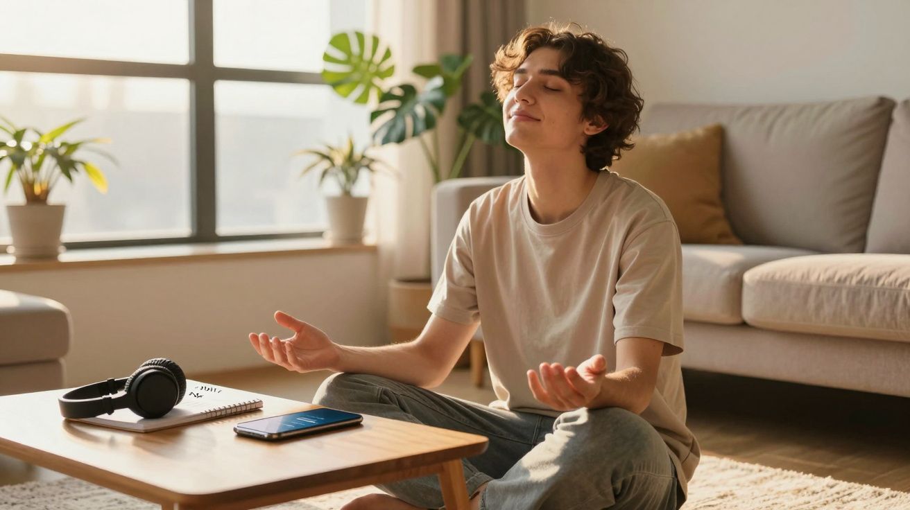 Jovem sentado no chão em posição de meditação em sala iluminada com plantas e sofá ao fundo.