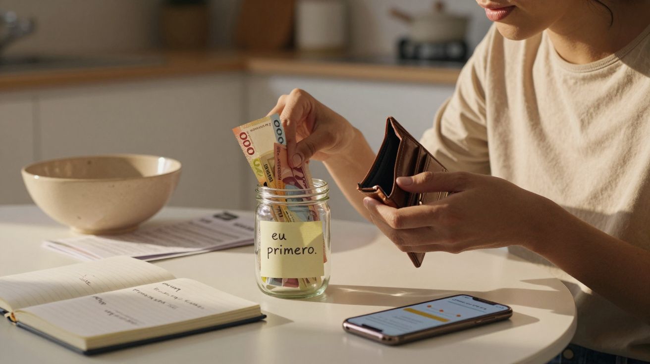 Pessoa a colocar notas de dinheiro num mealheiro com etiqueta "eu primero" numa cozinha iluminada.