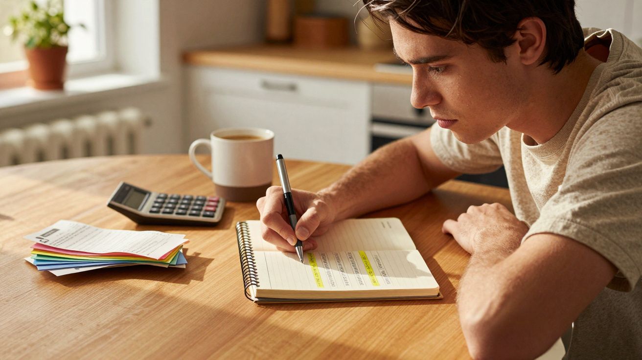 Jovem sentado a estudar num caderno, com caneta na mão, calculadora, notas coloridas e chá numa mesa de madeira.