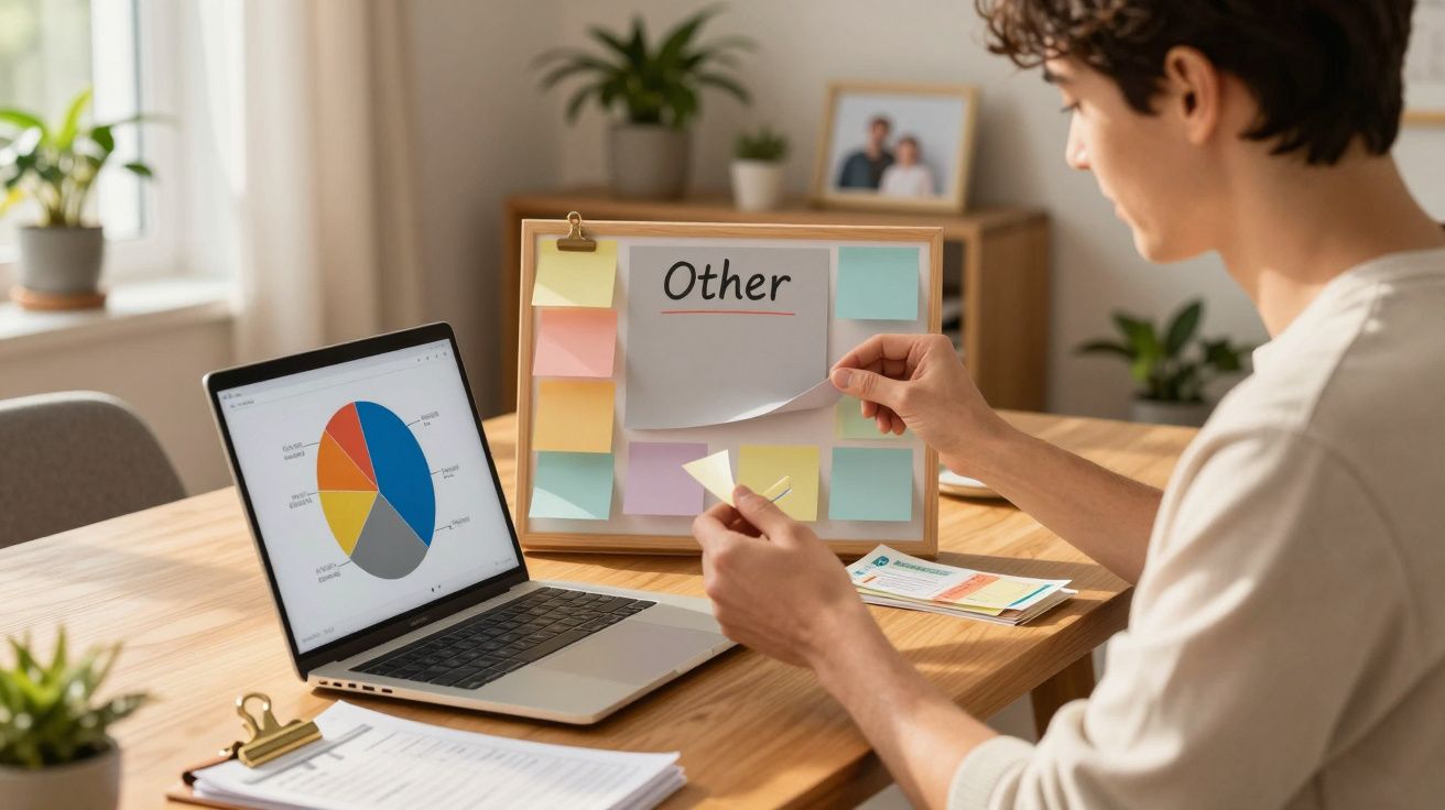 Pessoa a organizar notas autocolantes coloridas numa placa, com um gráfico de pizza visível no portátil.