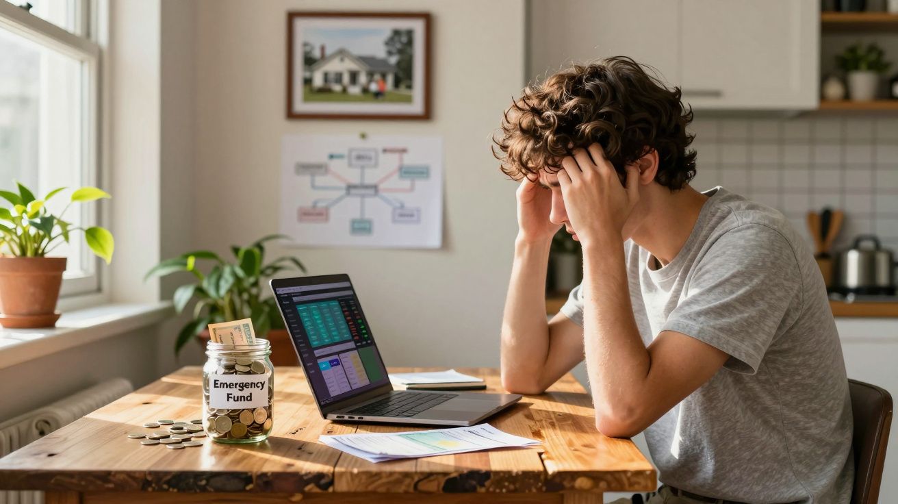 Homem preocupado com finanças sentado à mesa com computador, papéis e frasco de fundo de emergência.