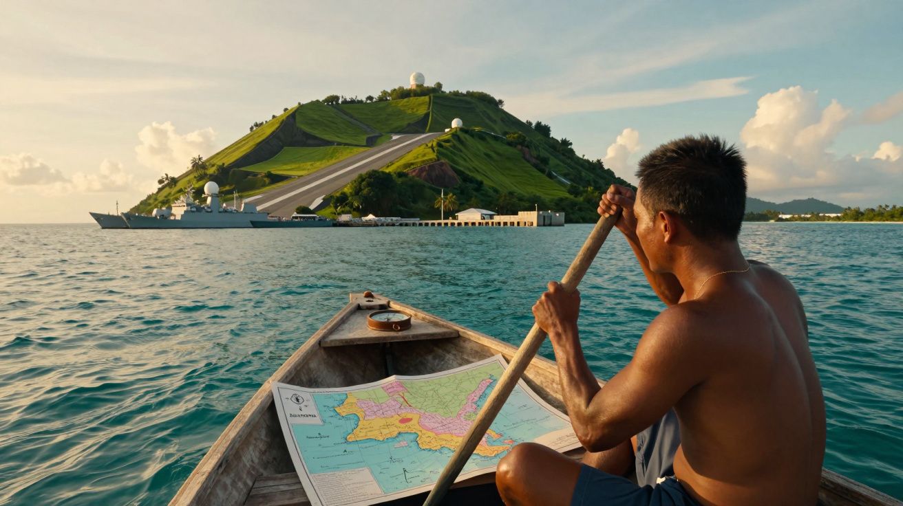 Homem remando numa canoa com mapa aberto, aproximando-se de ilha verde com observatório e navio.