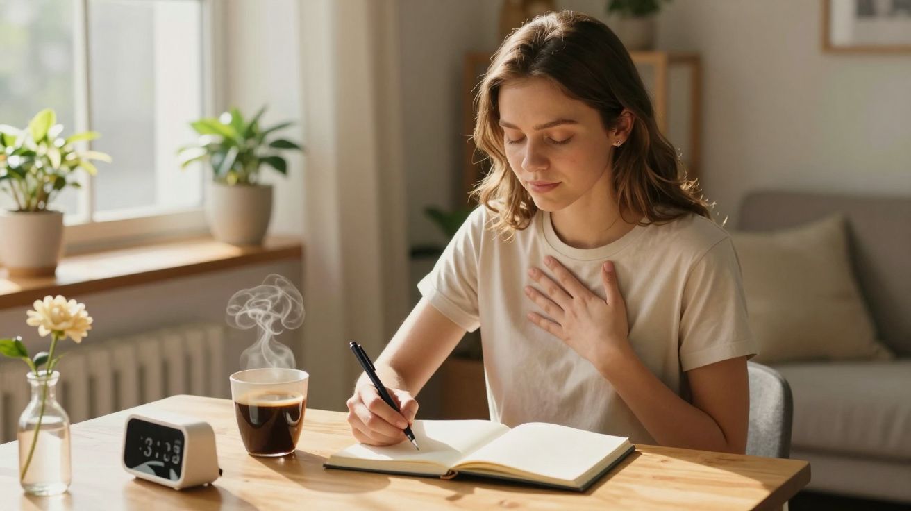 Mulher sentada à mesa a escrever num caderno com uma mão no peito, junto a um café quente e um relógio.