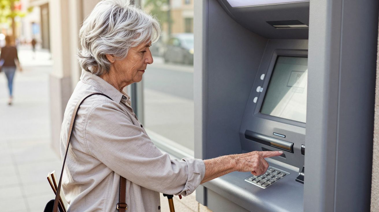 Mulher idosa a utilizar um multibanco na rua numa área urbana durante o dia.