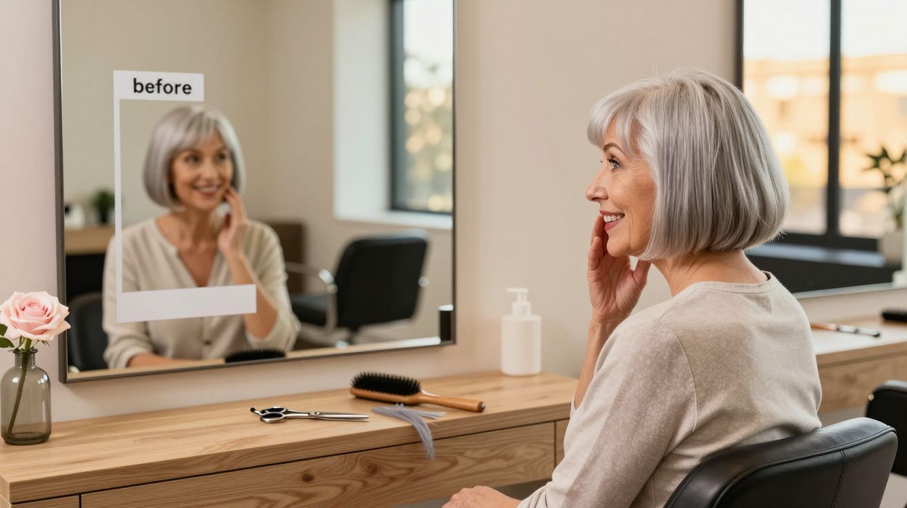 Mulher madura com cabelo cinzento sentado em frente a um espelho num quarto iluminado.