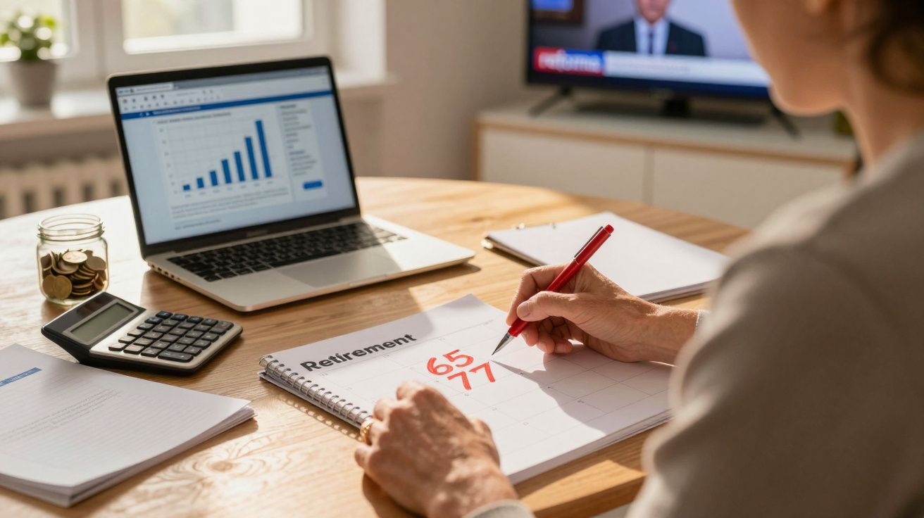 Pessoa a planear a reforma, escrevendo idades num calendário, com computador, calculadora e moedas na mesa.