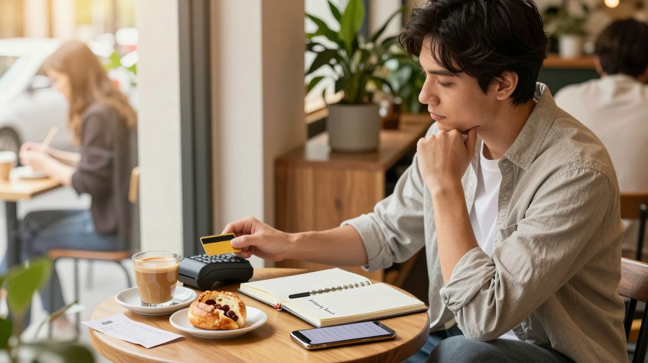 Homem jovem a pagar com cartão contactless num café moderno com bolo e café na mesa.