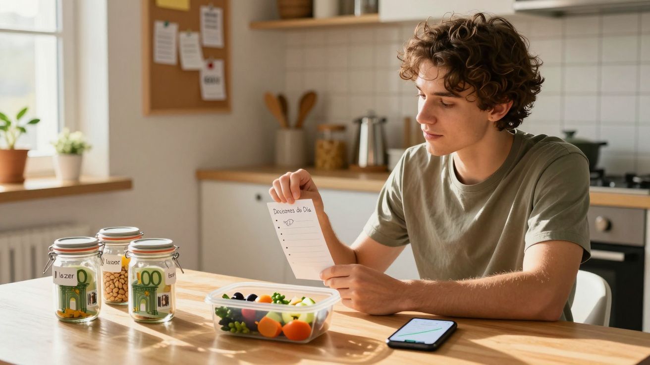 Jovem sentado à mesa lendo lista de tarefas, com frascos de comida e smartphone à sua frente na cozinha.