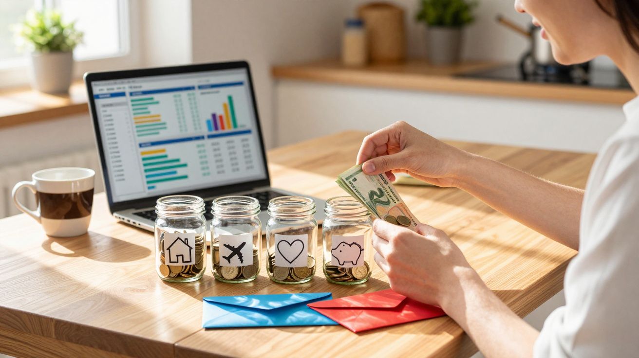 Pessoa a guardar dinheiro em frascos com símbolos de casa, avião, coração e mealheiro, com computador e envelopes na mesa.