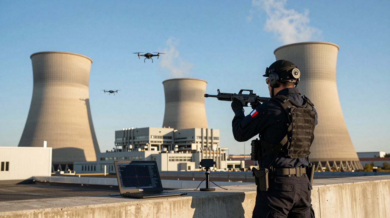 Segurança armada fiscaliza drones próximos a central nuclear com torres de refrigeração ao fundo.