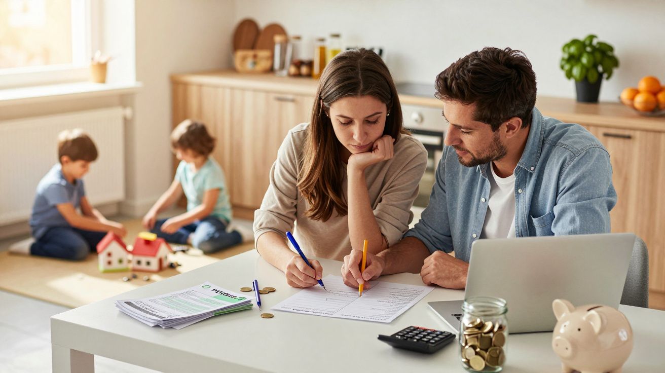 Casal jovem sentado à mesa a preencher documentos e crianças a brincar ao fundo numa cozinha iluminada.