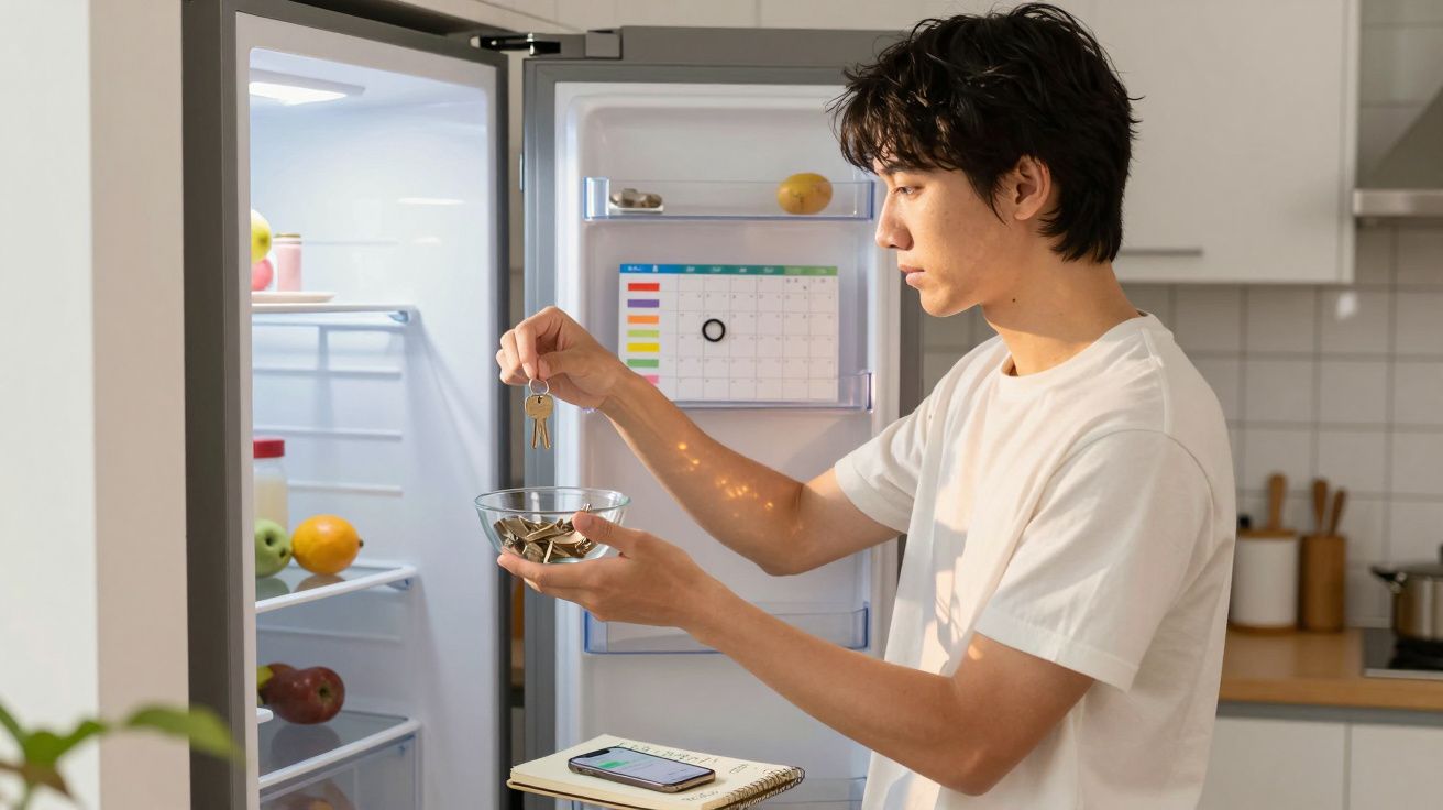 Homem de branco segurando chaves e um recipiente de vidro junto ao frigorífico aberto numa cozinha moderna.