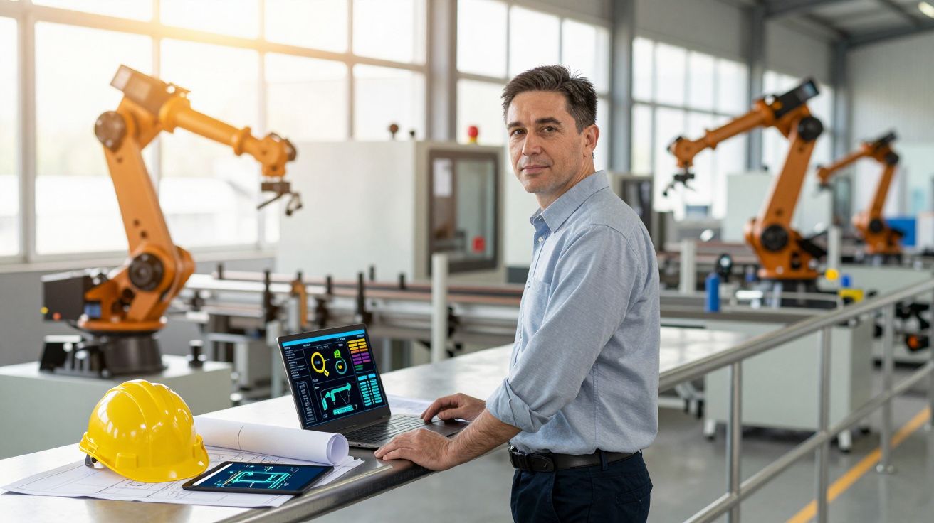 Engenheiro de indústria a trabalhar com computador numa fábrica com braços robóticos e capacete amarelo na mesa.