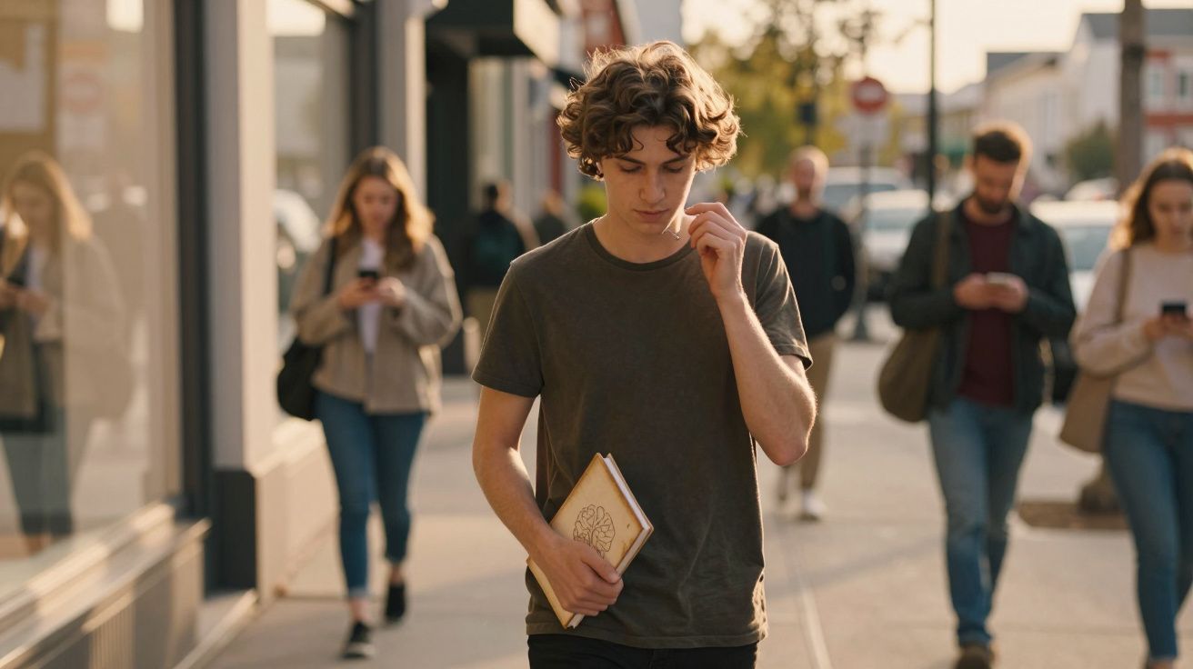 Jovem com livro caminha numa rua urbana, rodeado de outras pessoas que usam telemóveis.