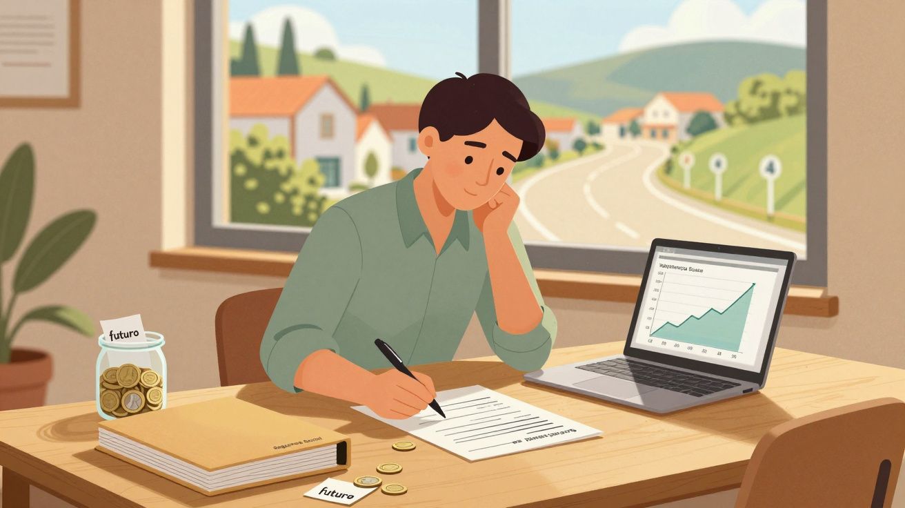 Homem trabalha em escritório com laptop e jarro com moedas marcado "futuro", planilha de crescimento no ecrã.