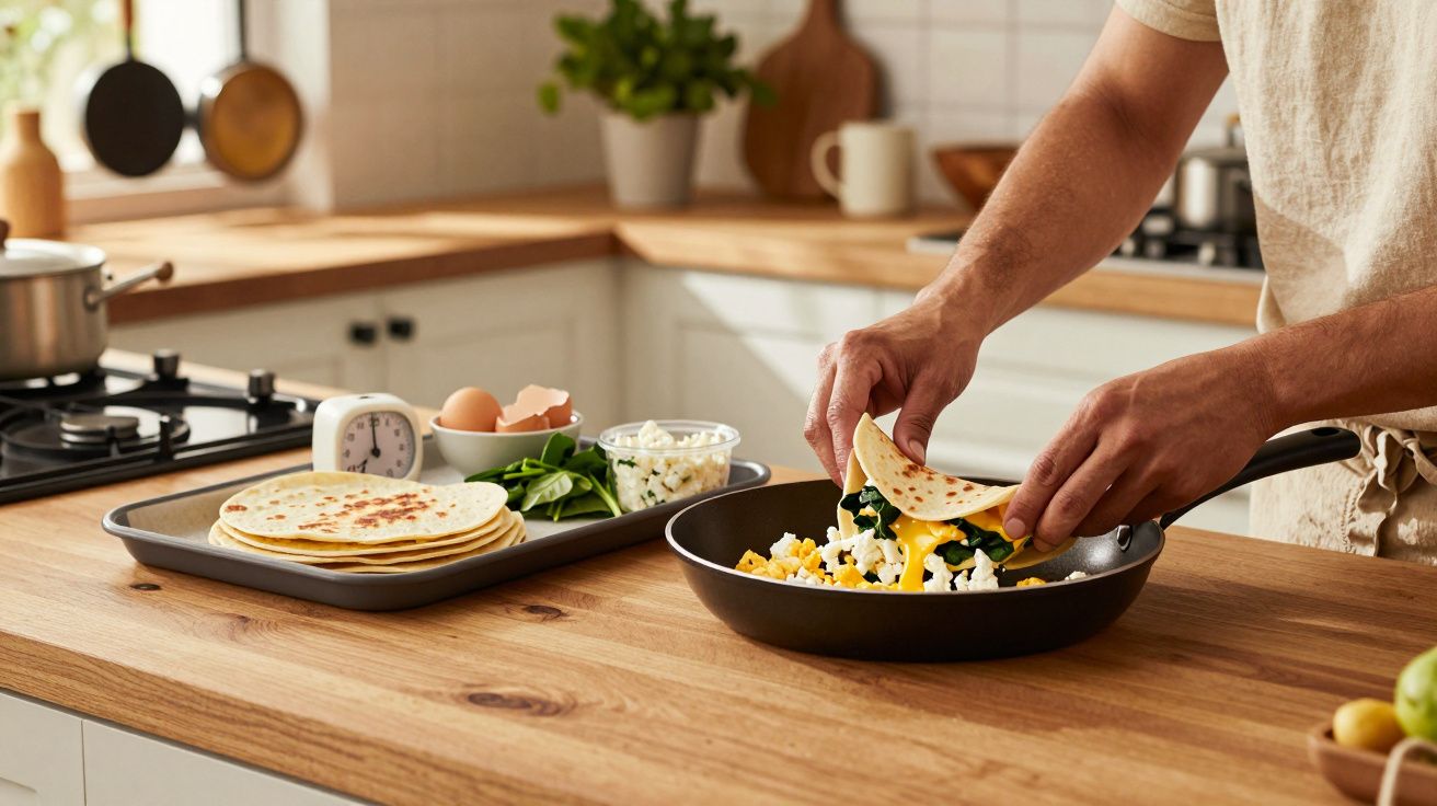 Pessoa a cozinhar omelete com espinafres e queijo numa cozinha moderna e bem iluminada.