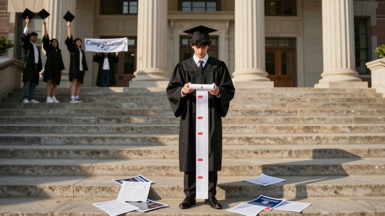 Estudante de graduação em bata a olhar para um rolo colossal de lista de notas nas escadas da universidade, colegas a celebra
