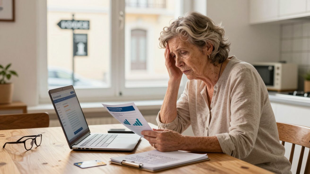 Mulher idosa preocupada lê faturas junto a computador portátil numa mesa de cozinha.