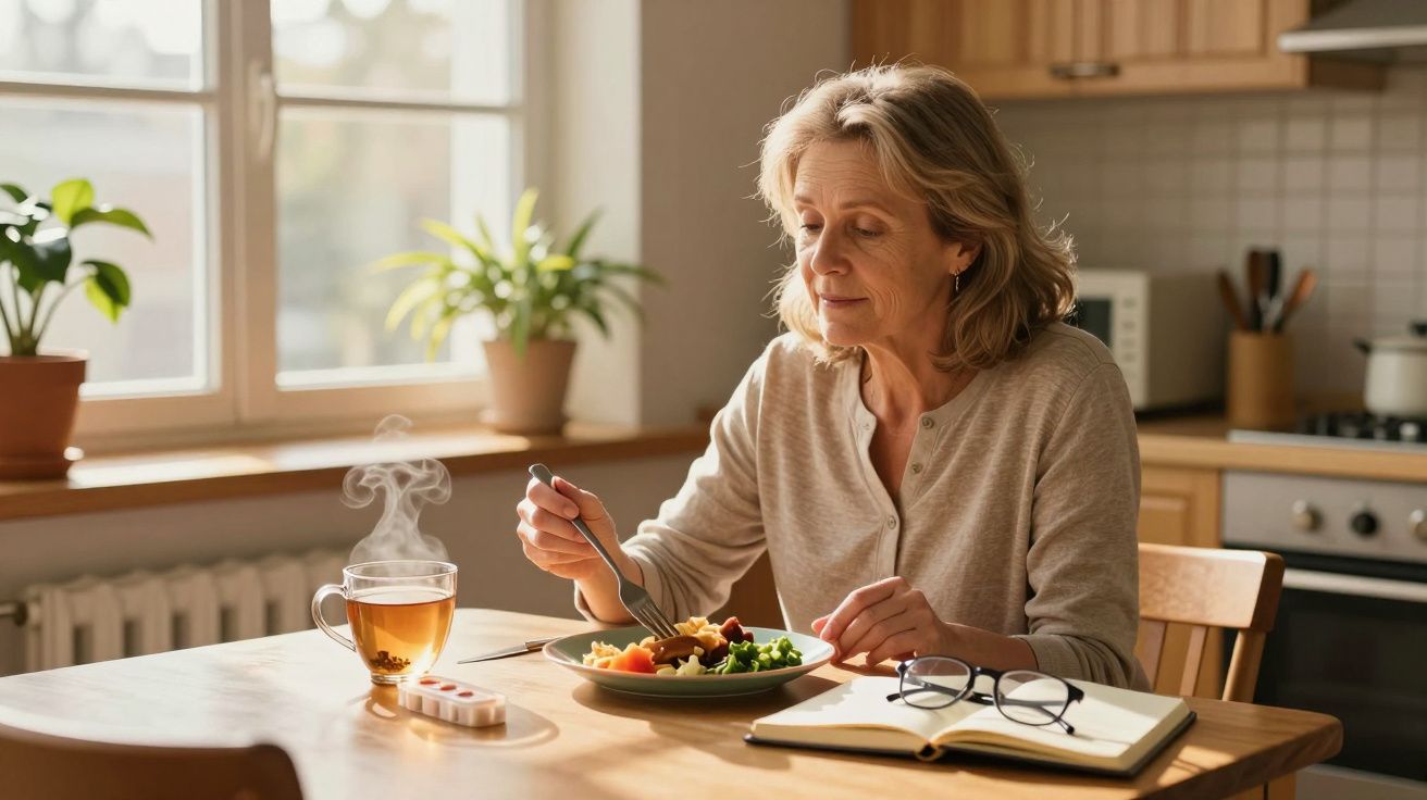 Mulher madura a almoçar numa cozinha iluminada a luz natural, com chá quente e medicamentos na mesa.