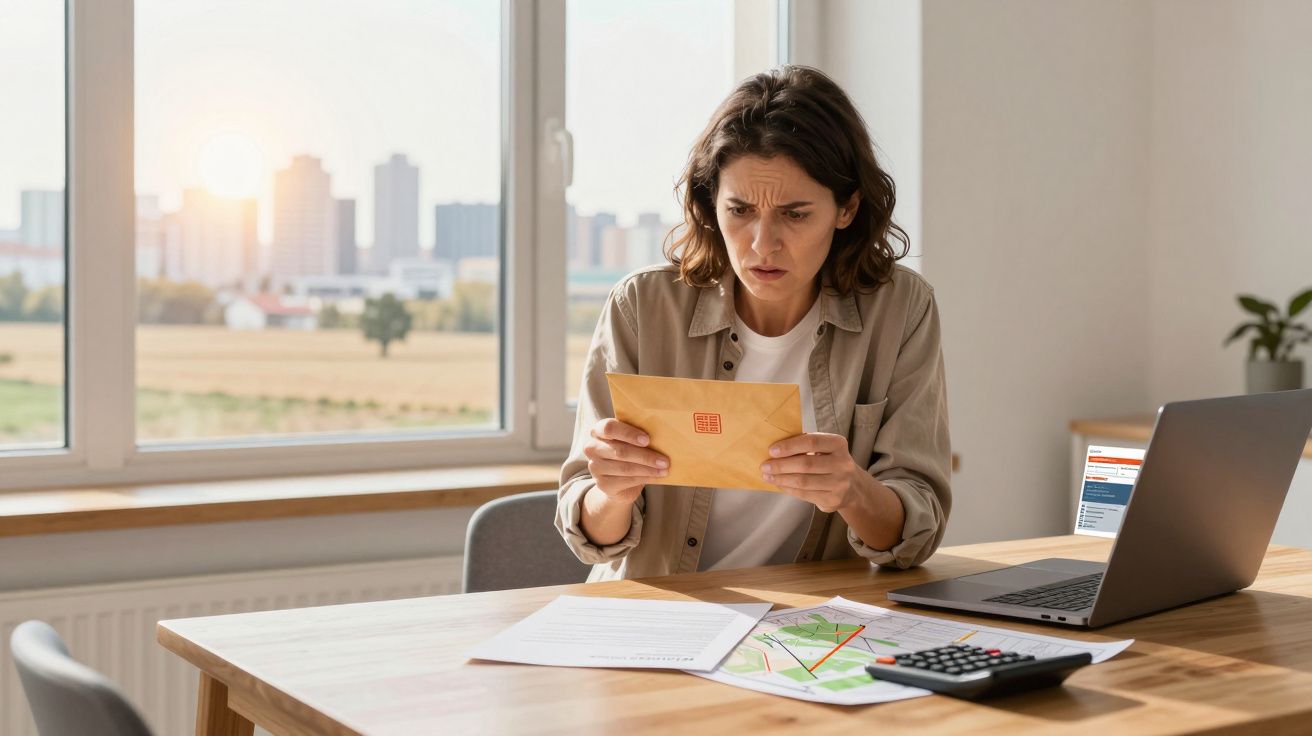 Mulher preocupada a abrir uma carta sentada numa mesa com laptop, documentos, mapa e calculadora.