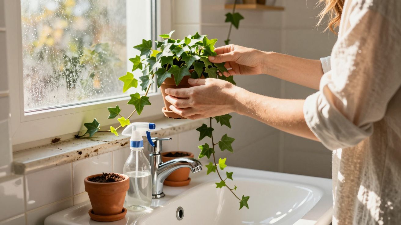 Pessoa a cuidar de planta trepadeira em vaso sobre lavatório ao lado de janela iluminada pelo sol.