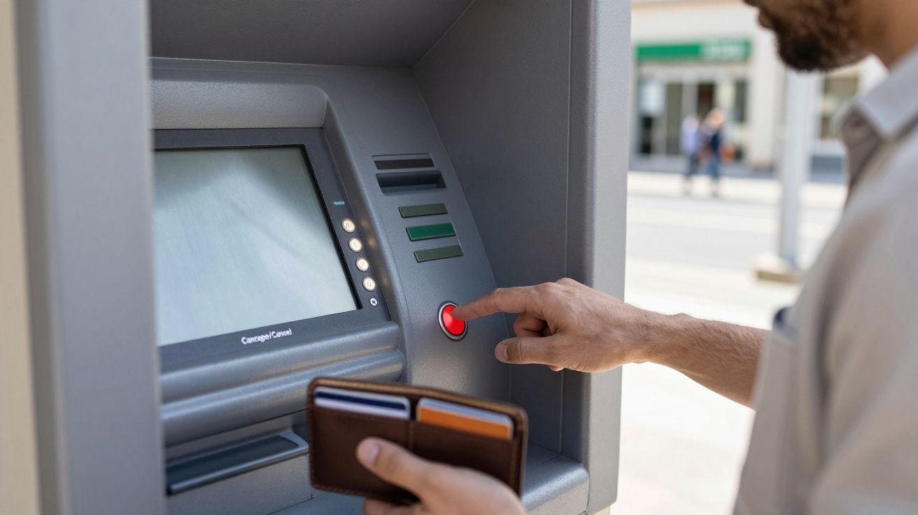Pessoa a usar um caixa automático, carregando num botão vermelho com uma mão e segurando uma carteira na outra.