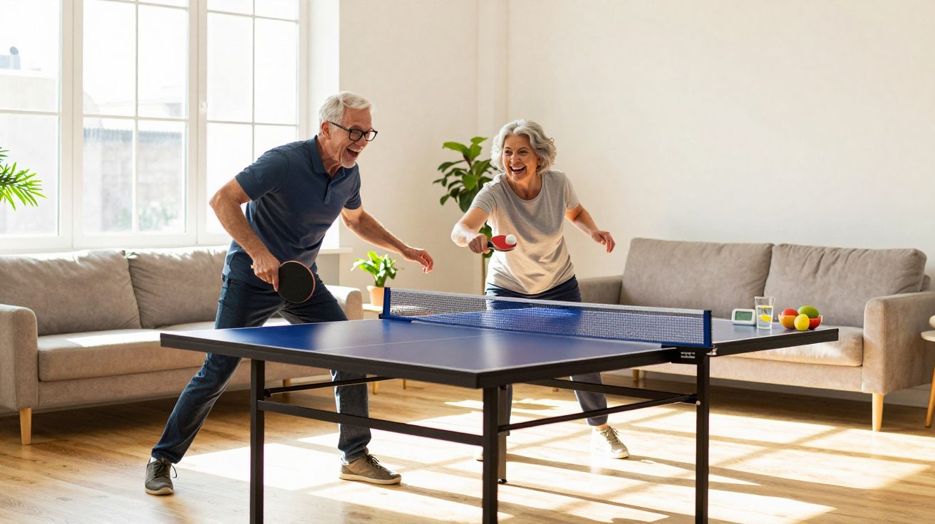 Casal sénior a jogar ténis de mesa em sala de estar luminosa com sofás e plantas.
