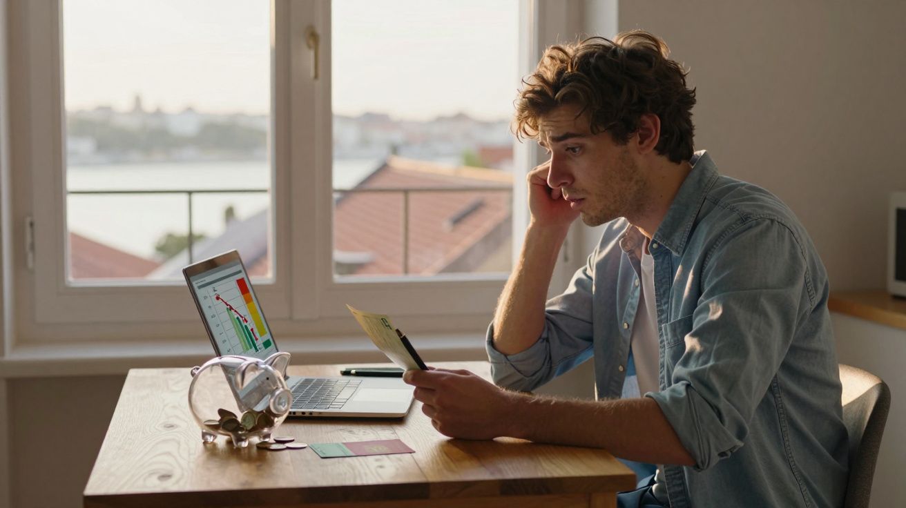 Homem preocupado a analisar contas e gráfico de despesas num computador portátil numa mesa junto à janela.