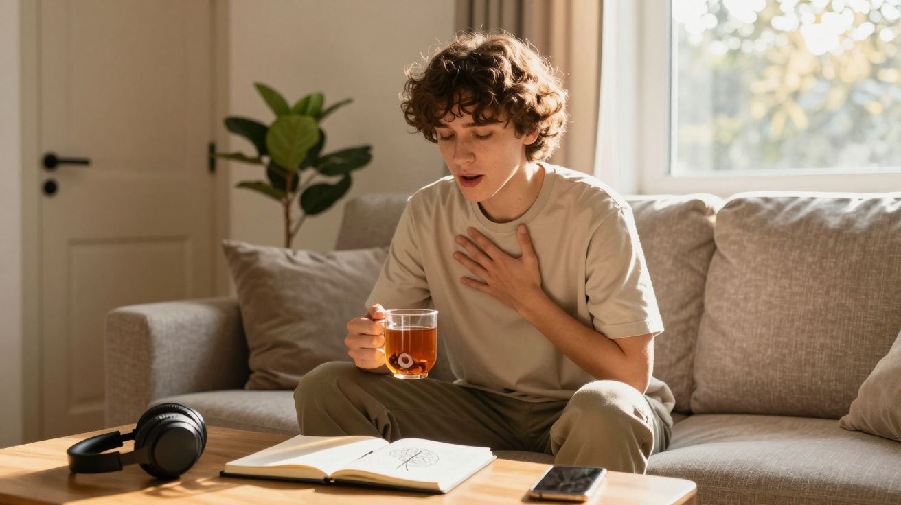 Jovem sentado no sofá com chá na mão e a mão no peito, aparentando desconforto respiratório, livro aberto na mesa.