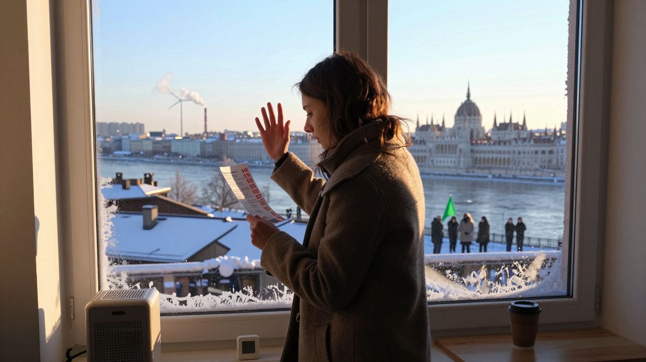 Mulher acena junto à janela com vista para edifícios e rio em dia frio com neve.