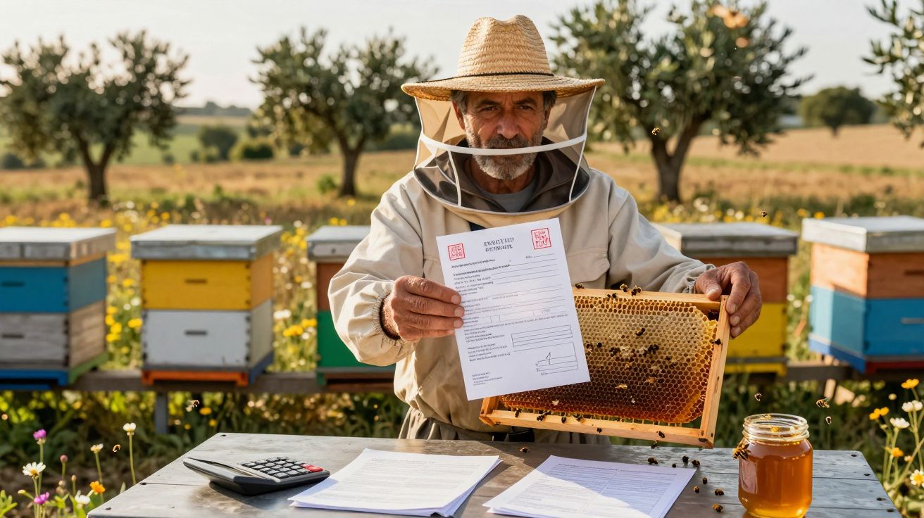 Apicultor com fato de proteção mostra certificado e favo de mel num campo com colmeias coloridas ao fundo.