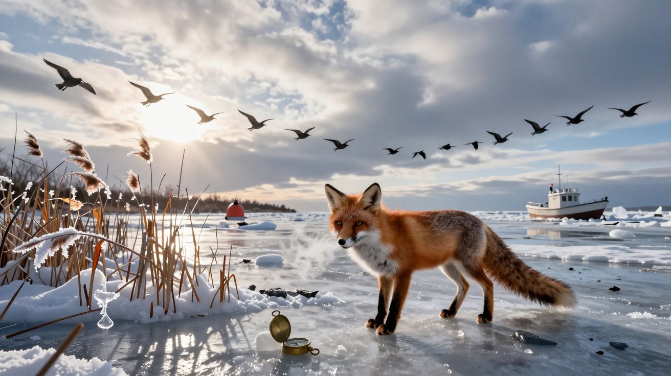 Raposa vermelha em rio congelado com bússola aberta, aves voando e barco ao fundo no céu nublado.