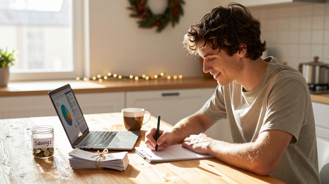 Jovem a escrever em caderno junto a computador, pacotes de envelopes e recipiente com moedas "Savings" numa cozinha iluminada