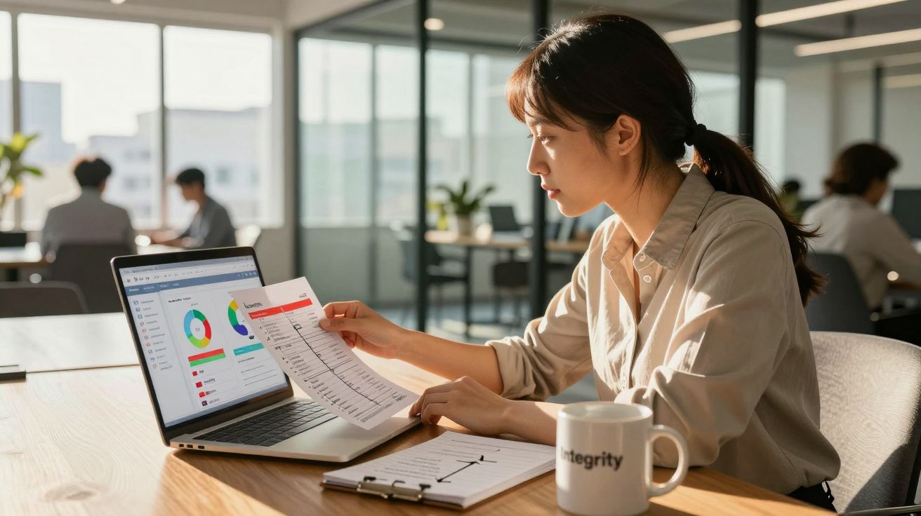Mulher a analisar gráficos no computador e documentos numa sala de escritório luminosa.