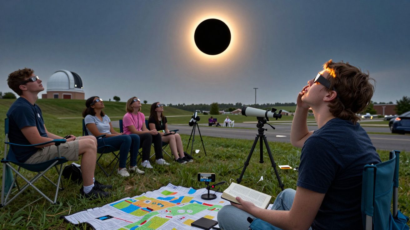 Cinco jovens com óculos especiais observam um eclipse solar total ao ar livre com telescópios.
