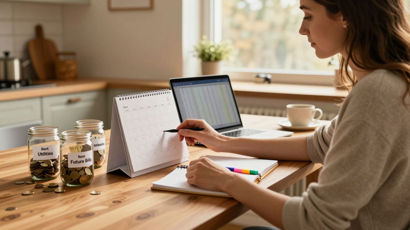 Mulher a planear finanças em casa com calendário, computador portátil, blocos de notas e frascos de moedas à sua frente.