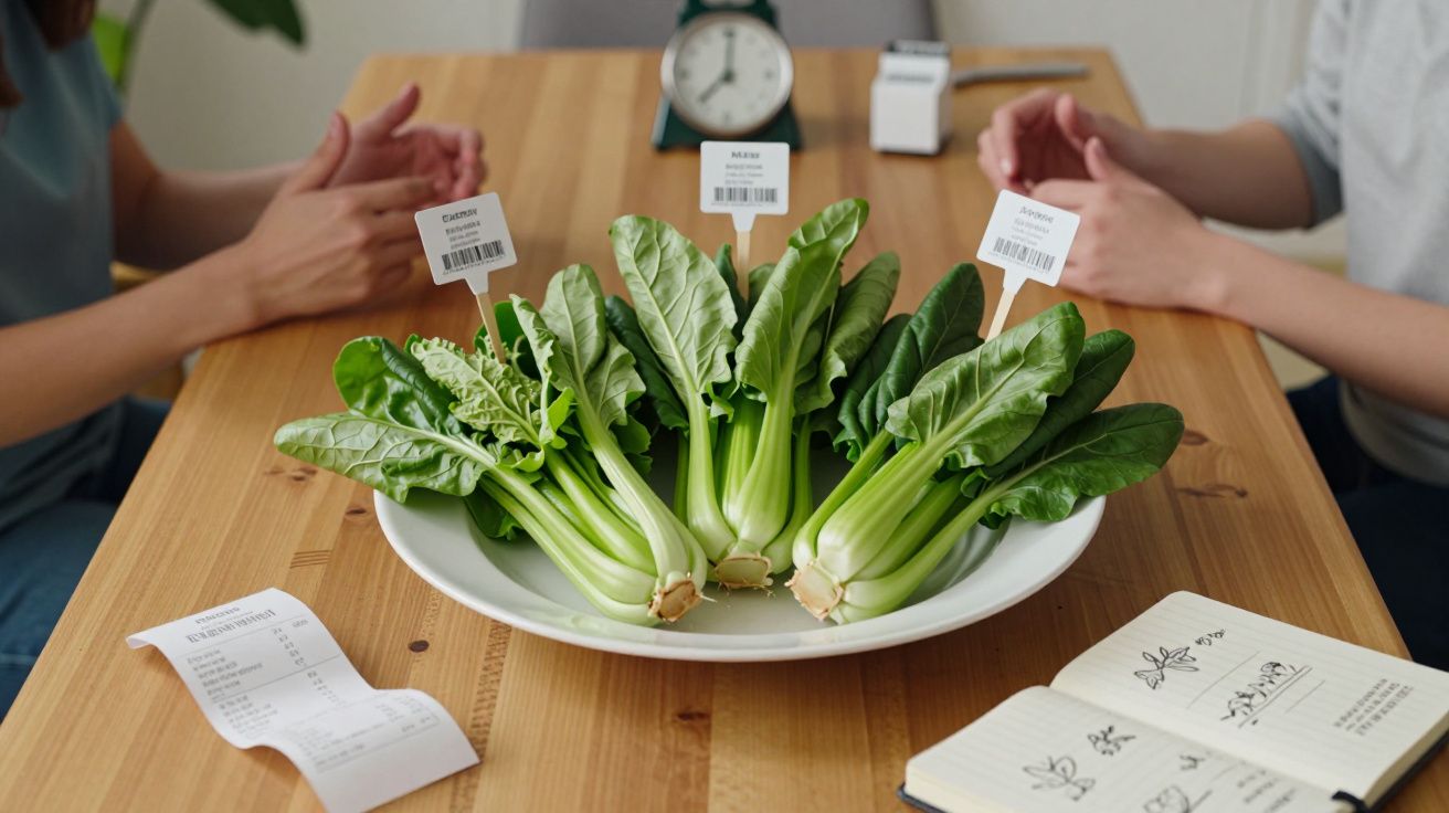 Prato com quatro tipos de acelga etiquetados sobre mesa de madeira, com mãos e caderno ao redor.