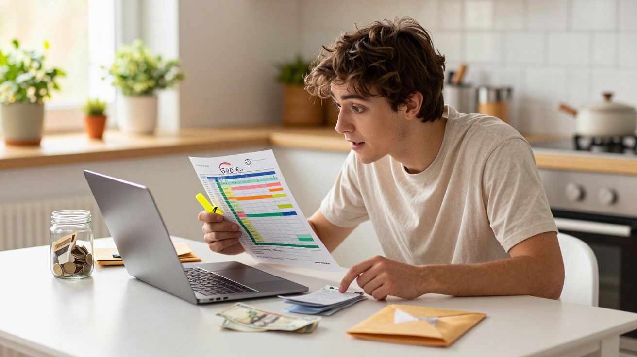 Jovem sentado à mesa a analisar orçamento, com computador, dinheiro e envelope à frente numa cozinha.