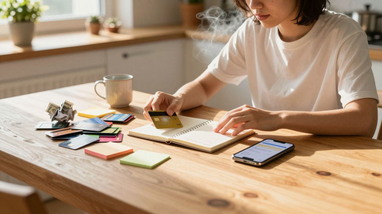 Pessoa sentada a organizar finanças com cadernos, vários cartões de crédito e telemóvel numa mesa de madeira.