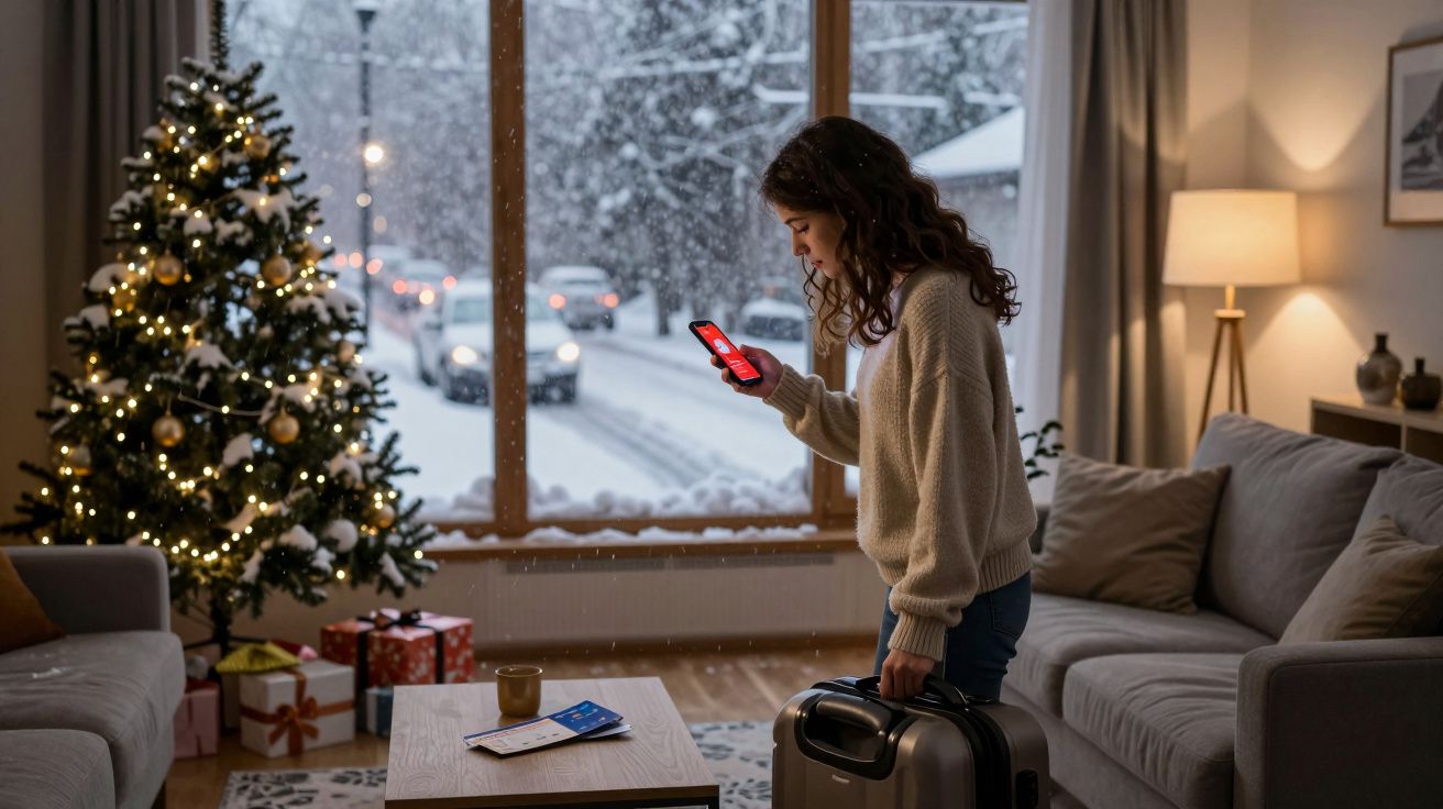Mulher com mala na sala decorada de Natal, a olhar para o telemóvel com janela mostrando neve lá fora.