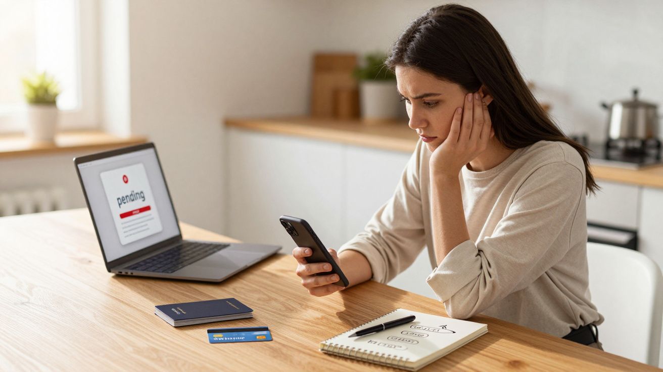 Mulher preocupada olha para telemóvel, com cartão de crédito, passaporte e portátil em cima da mesa.